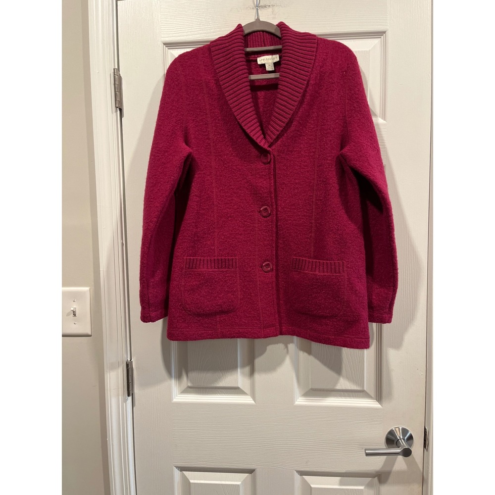 Appleseed's Women Magenta Pink 100% Boiled Wool Shawl Collar Cardigan Sweater M